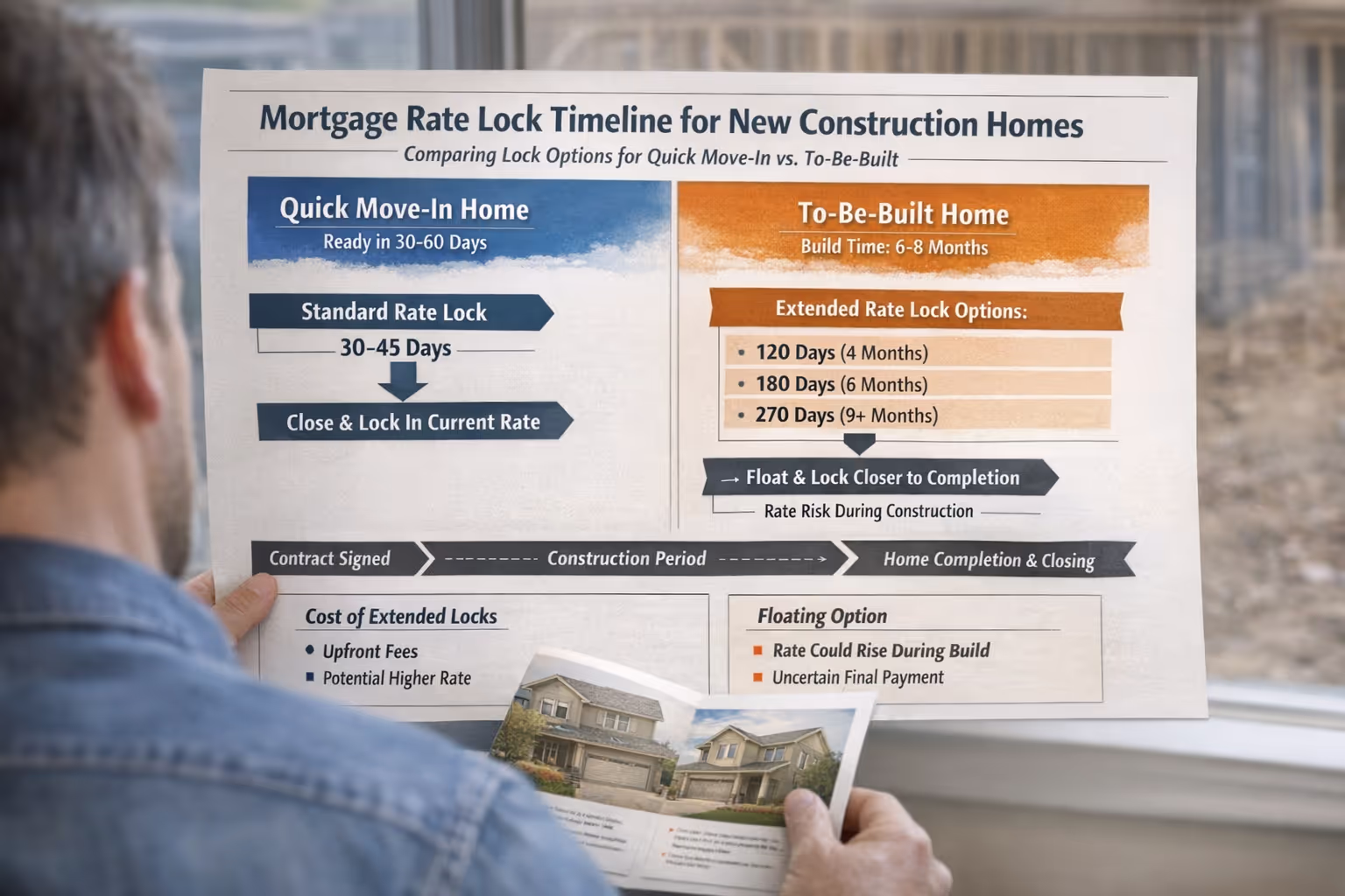 Mortgage rate lock timeline comparison for new construction homes showing extended lock options
