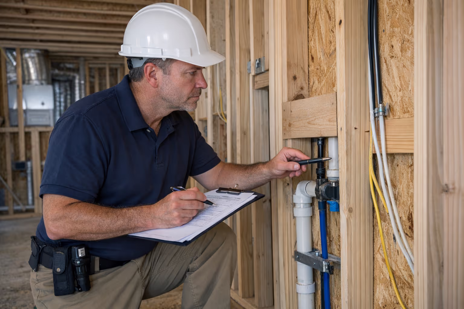Professional inspector examining new construction home framing during pre-drywall inspection timeline phase
