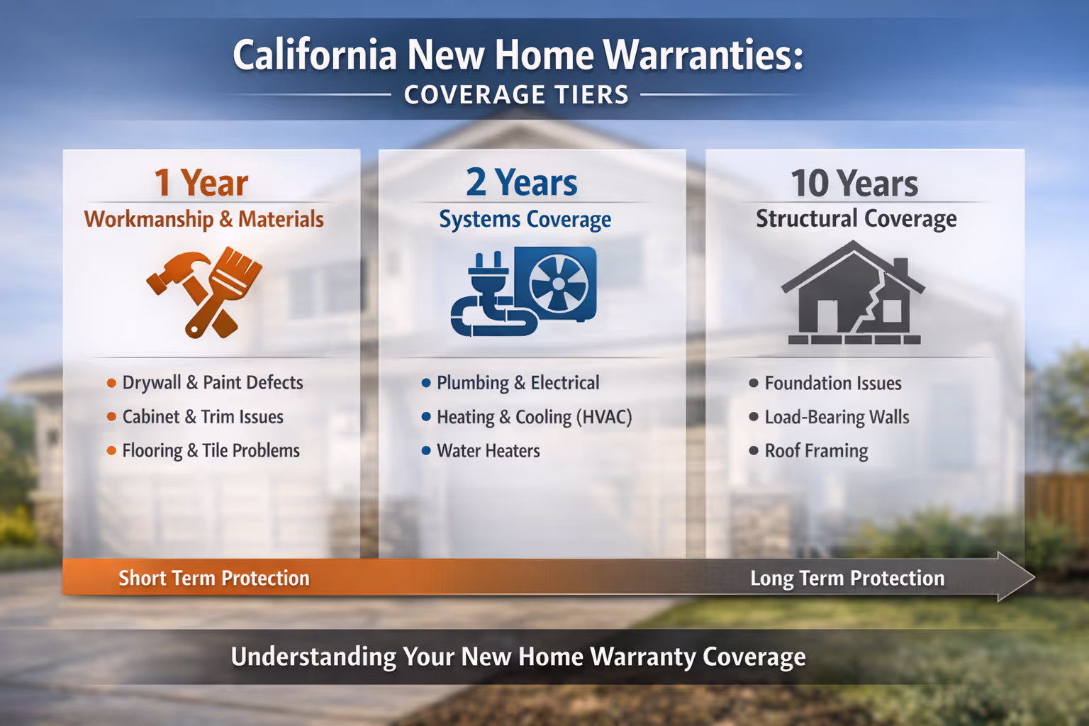 California new home warranties showing workmanship, systems, and structural coverage tiers