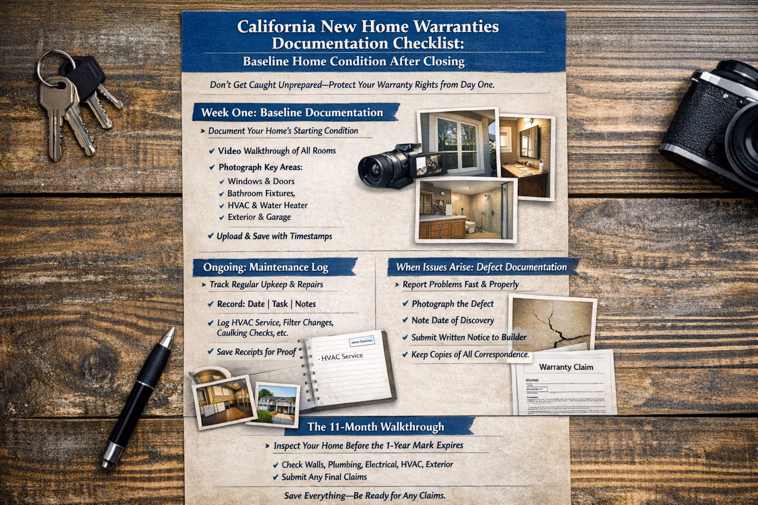 California new home warranties documentation checklist for baseline home condition after closing