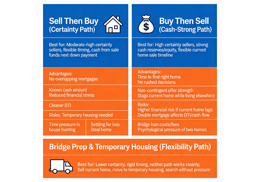 Comparison chart showing sell then buy vs buy then sell Sacramento strategy advantages and risks