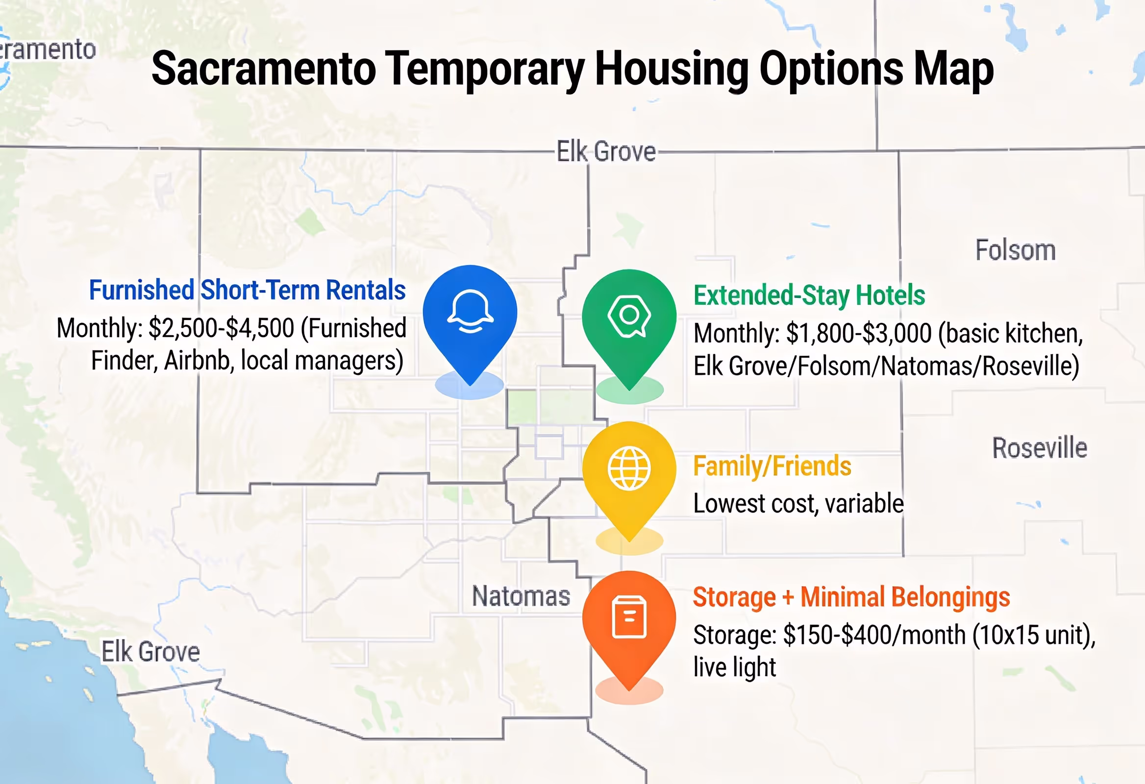 Map of Sacramento temporary housing options including Elk Grove, Folsom, and Natomas