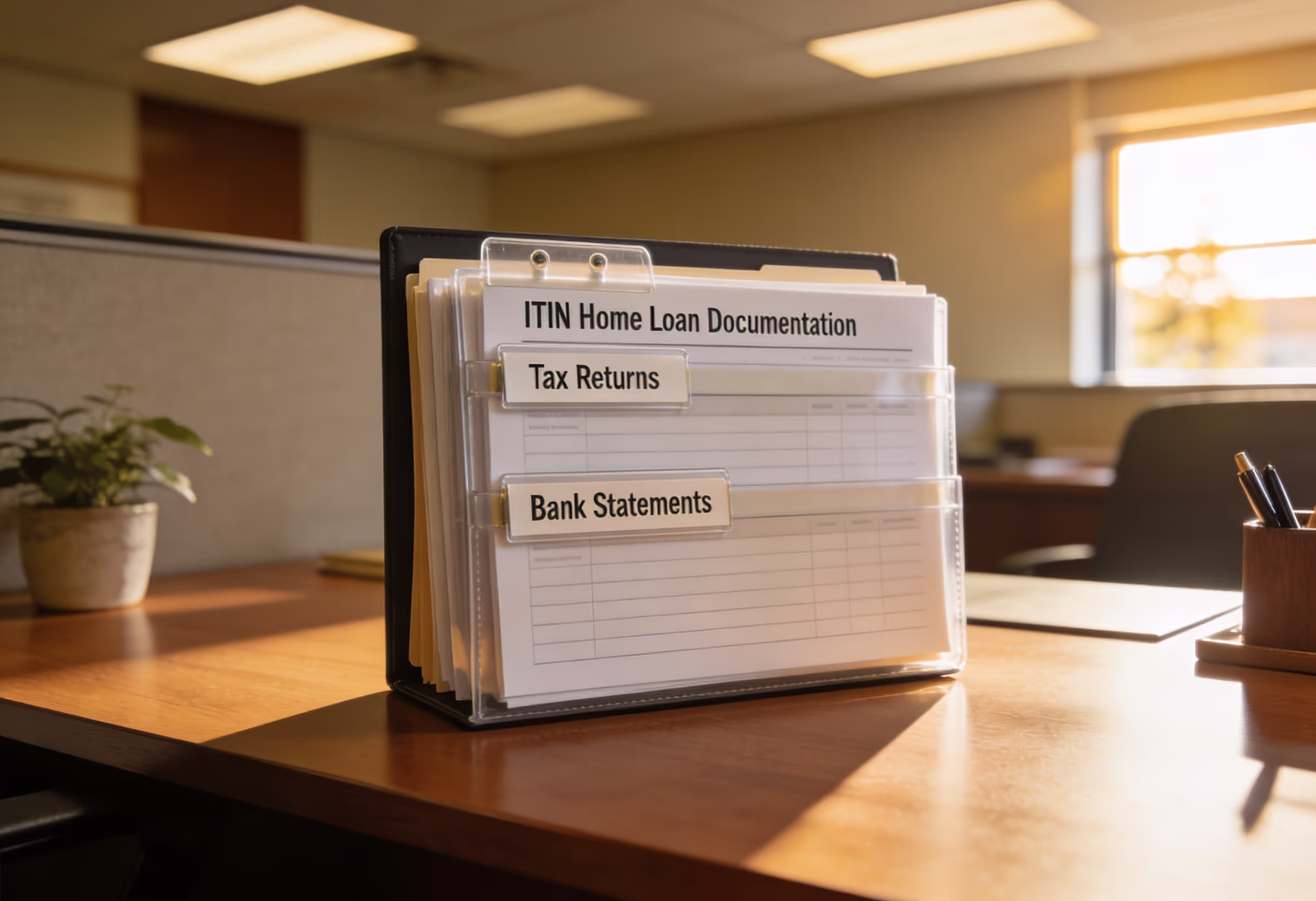 Organized ITIN home loan documentation including tax returns and bank statements for California mortgage application