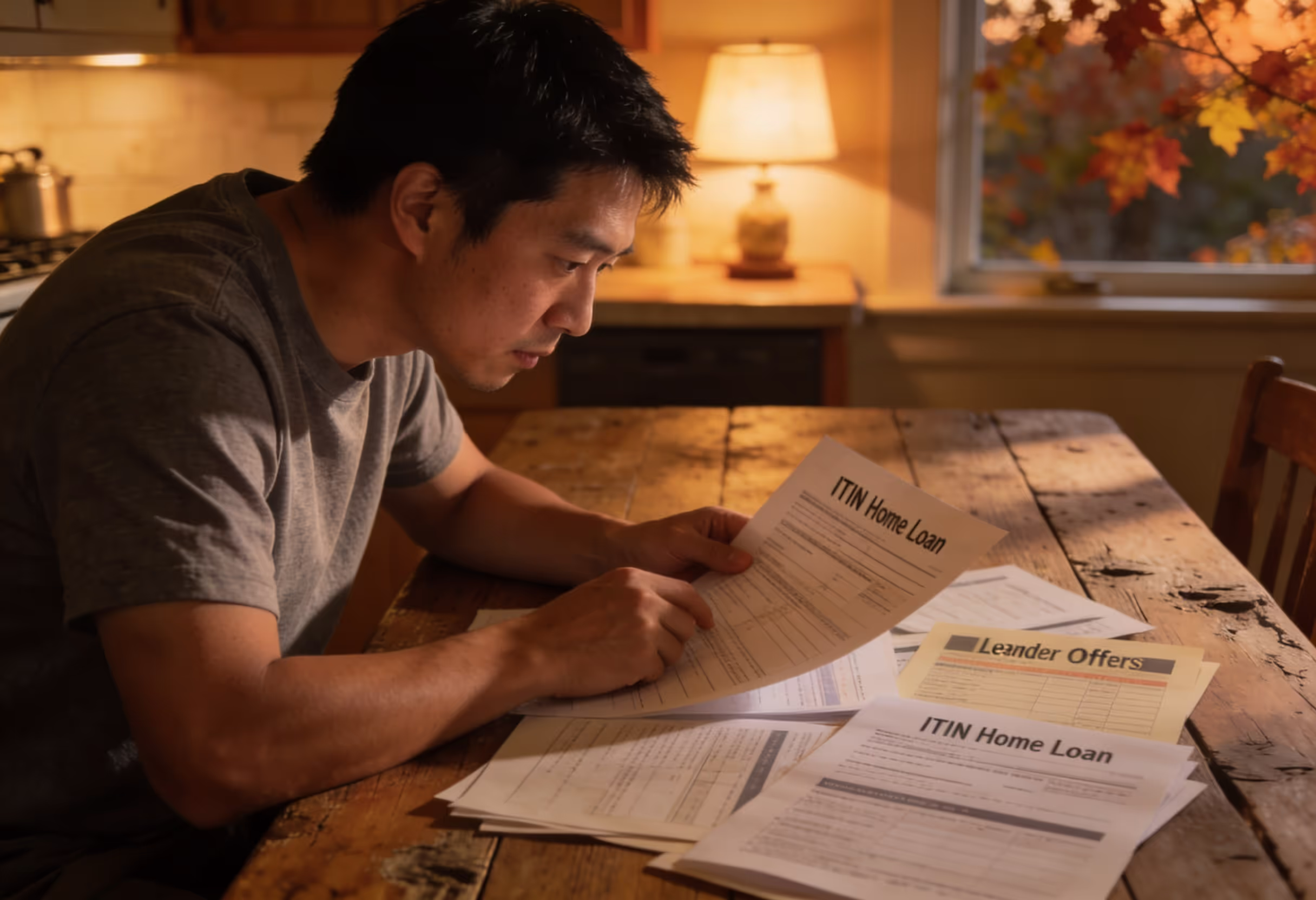 Homebuyer reviewing ITIN home loan California documents and comparing lender offers at kitchen table