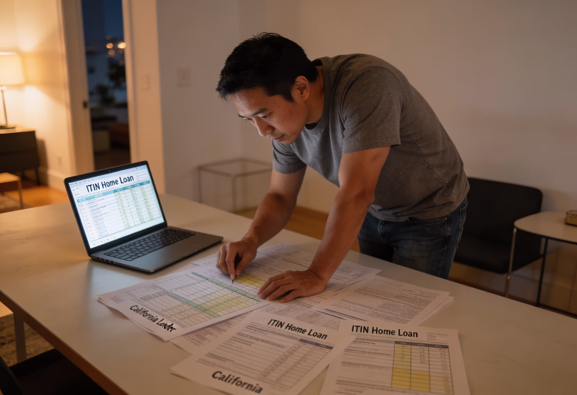 Homebuyer comparing ITIN home loan offers from multiple California lenders using detailed spreadsheet