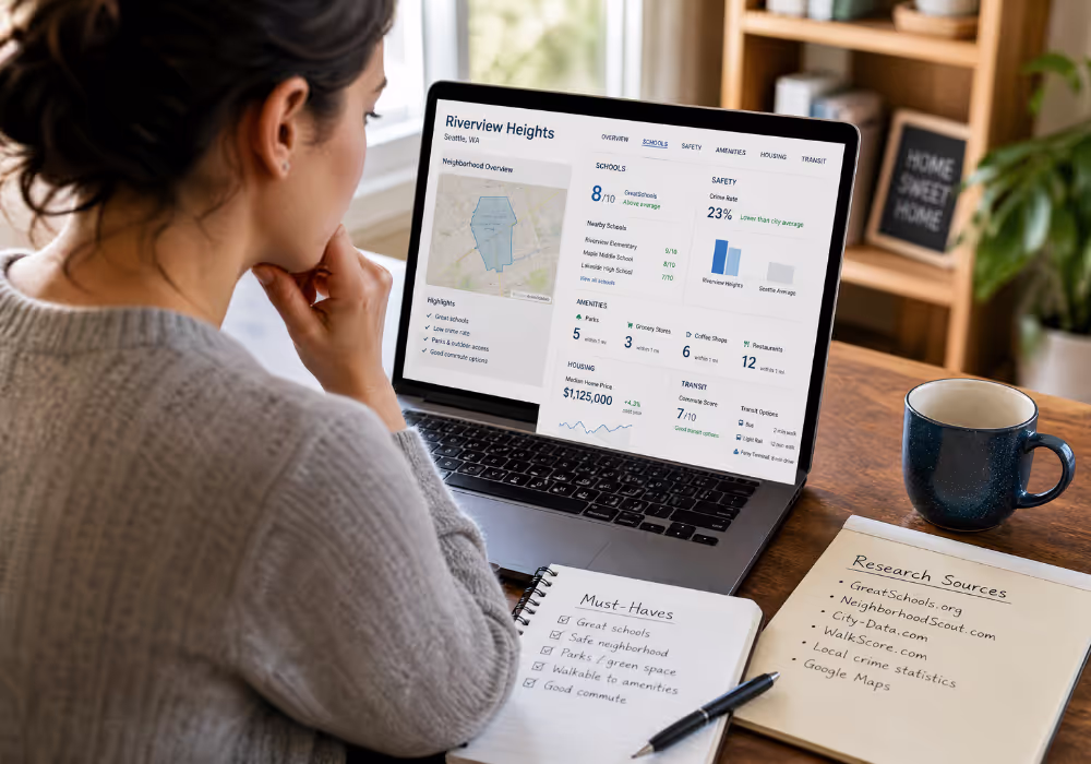 how to research a neighborhood before buying using objective criteria and data sources on laptop