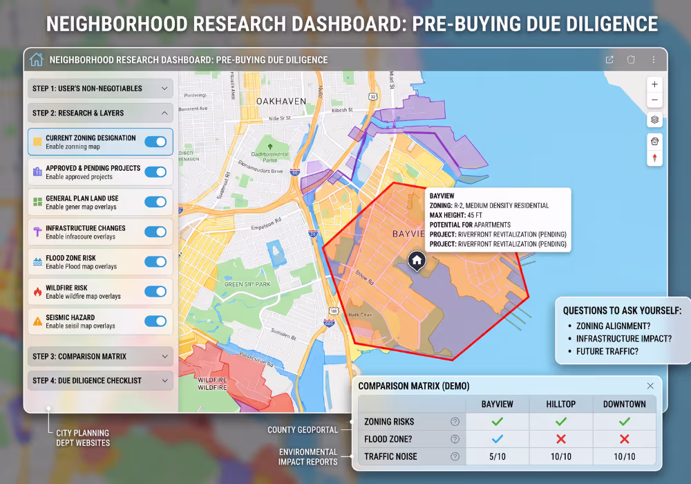 Map and Data Analysis Tools for Neighborhood Research Before Buying Home Map with data overlays showing how to research a neighborhood before buying using zoning and hazard information