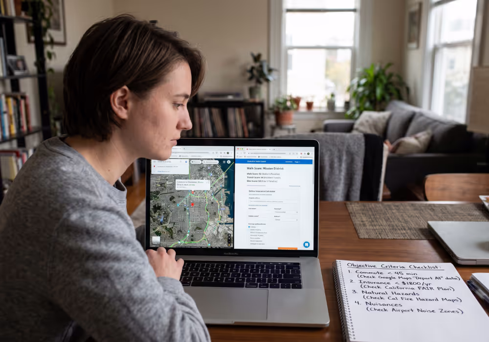 Homebuyer Using Objective Criteria Checklist to Research Neighborhood Before Buying Person researching a neighborhood before buying a home using objective criteria on laptop computer