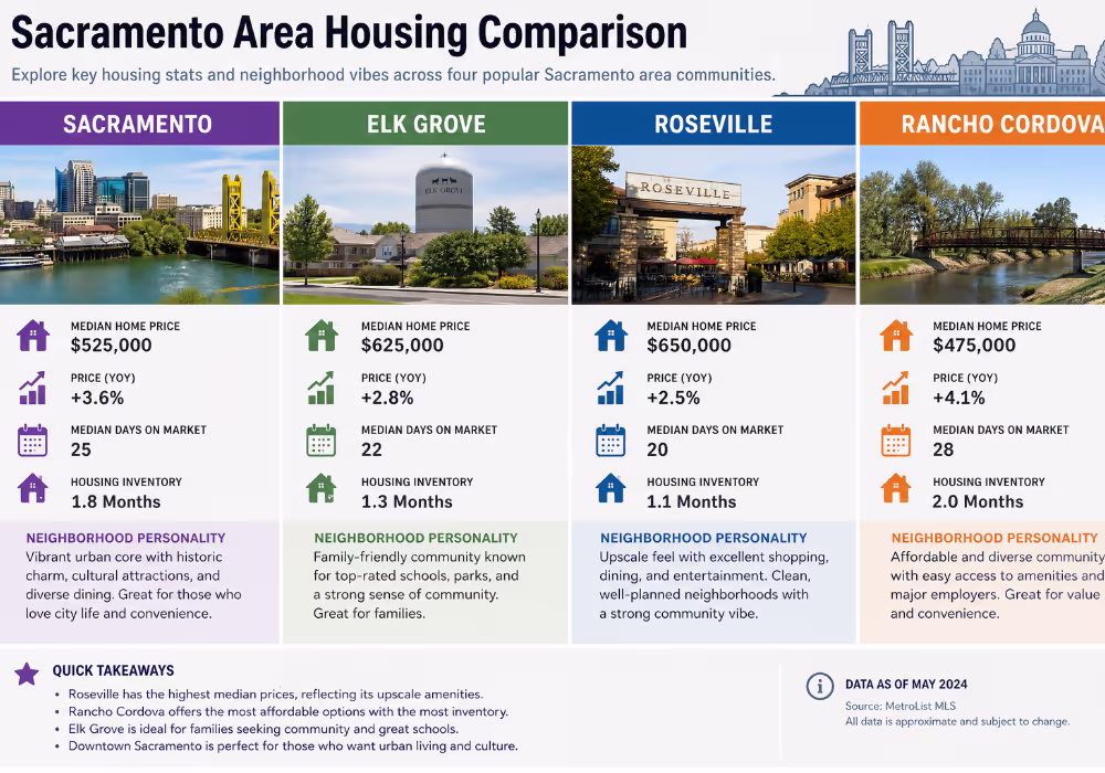 Sacramento area housing comparison showing Sacramento, Elk Grove, Roseville, and Rancho Cordova neighborhoods
