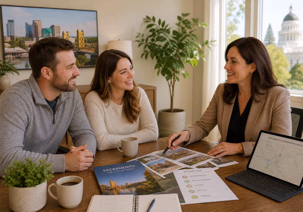 Relocation Realtor in Sacramento Meeting with Out-of-State Buyer Relocation realtor in Sacramento conducting consultation with couple planning move from out of state