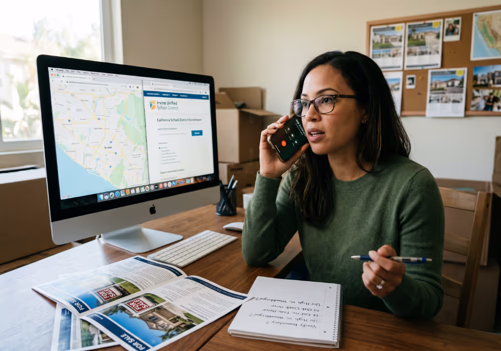 Parent calling school district enrollment office for boundary confirmation Homebuyer calling California school district enrollment office to verify school boundaries