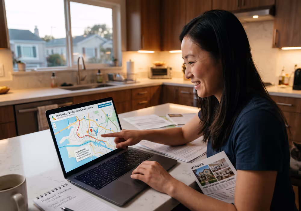 California homebuyer verifying school district boundaries on computer Homebuyer using California school district boundary locator tool to verify school assignments
