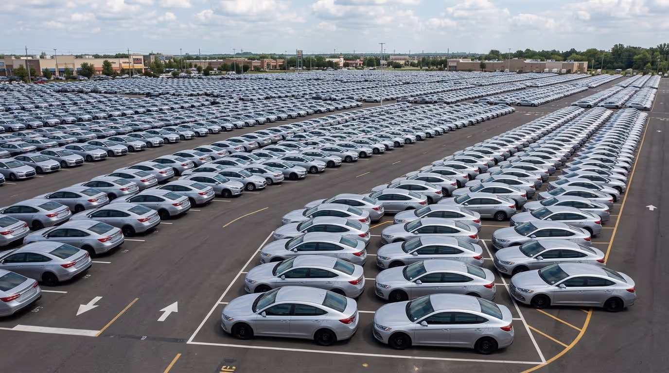 A photo of a parking lot filled with indistinctive gray cars