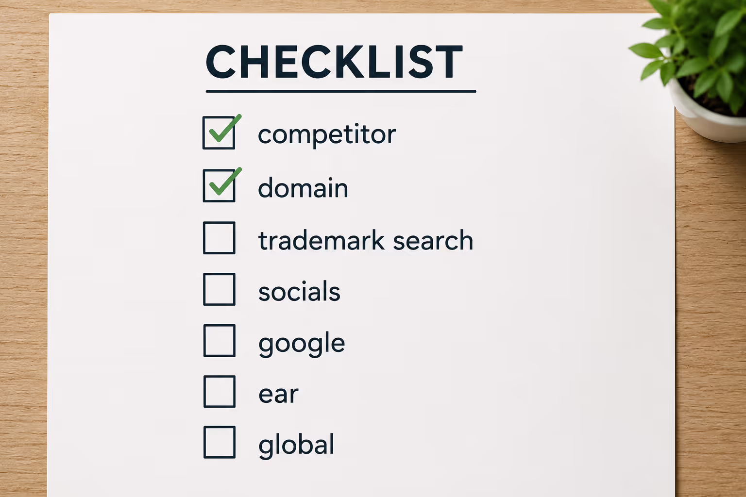 business name checklist with seven steps including trademark search highlighted