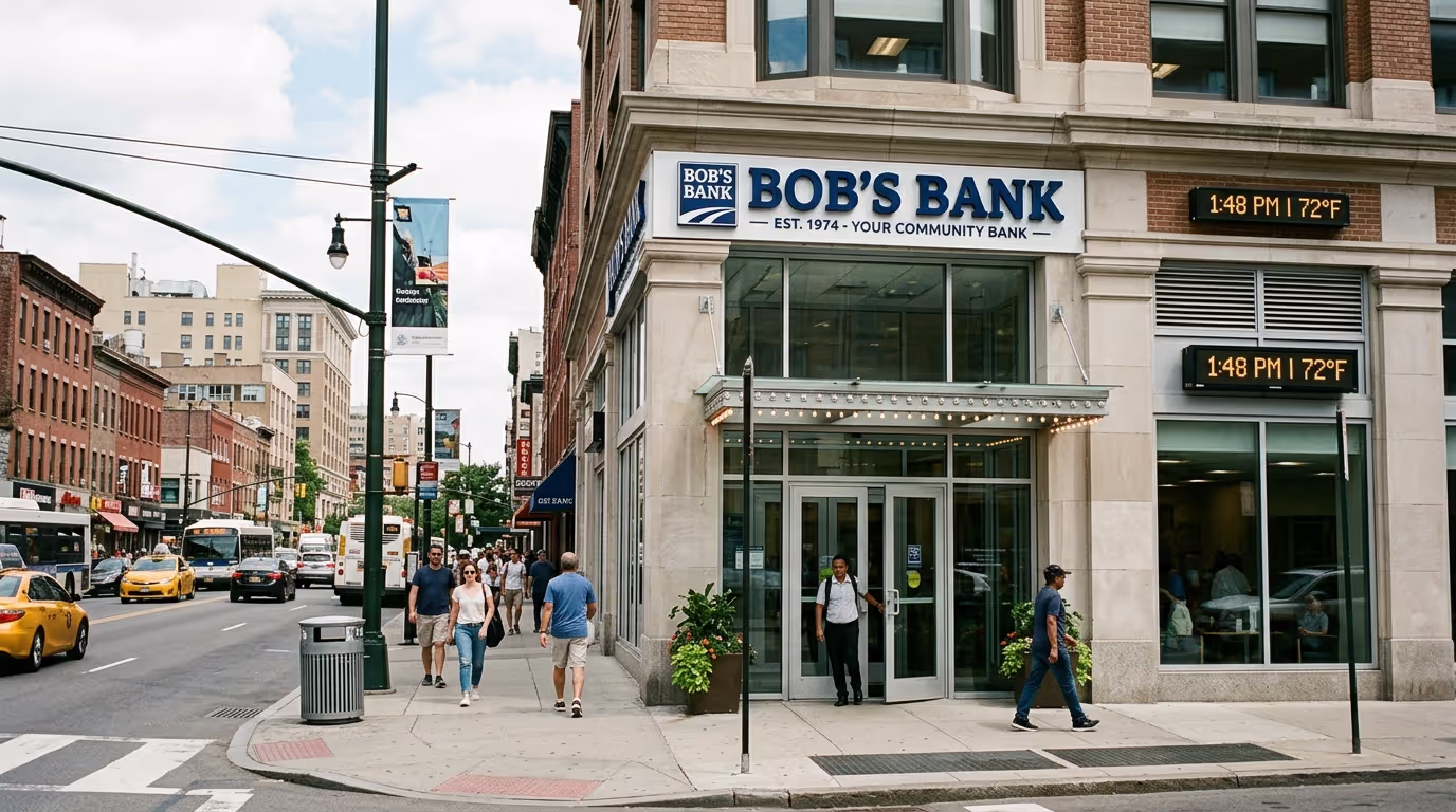 Bob's Bank an image of a bank named 'Bob's Bank' on a street corner of a small city