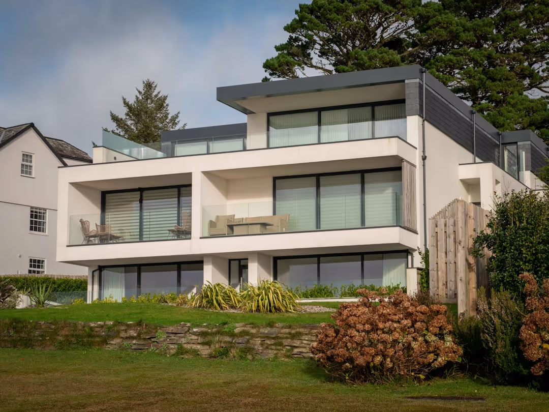 Exterior of a modern luxury home with subtle architectural fortifications