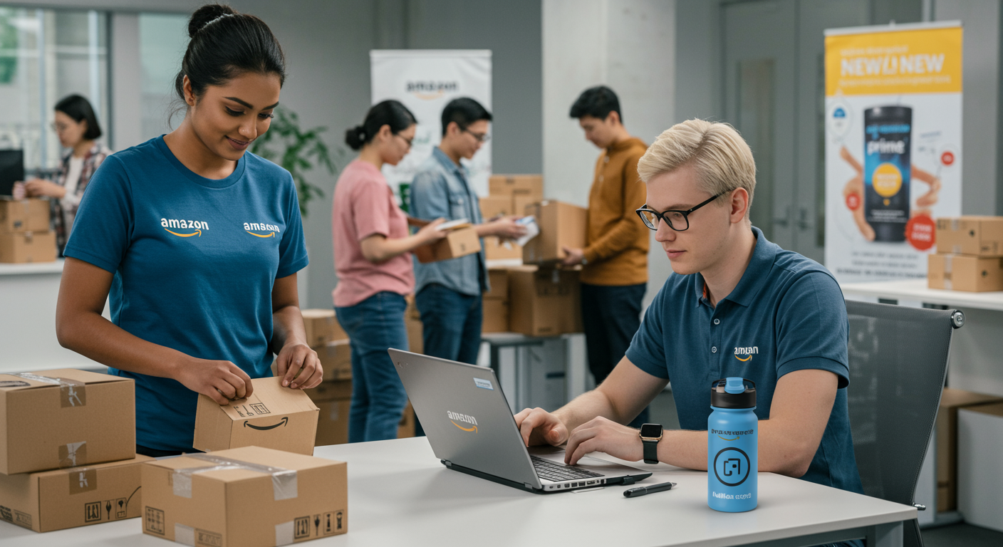 Two people working on Amazon PPC profit optimization—one packing products for shipment while the other uses a laptop to promote listings and gain profit per click.