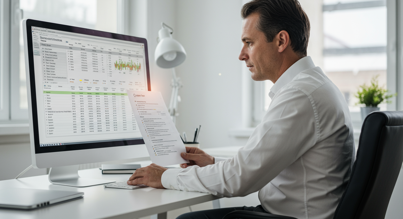 A man analyzing a search term report on his computer to find profitable keywords that improve Amazon sales, using ACoS vs TACoS metrics to boost performance.