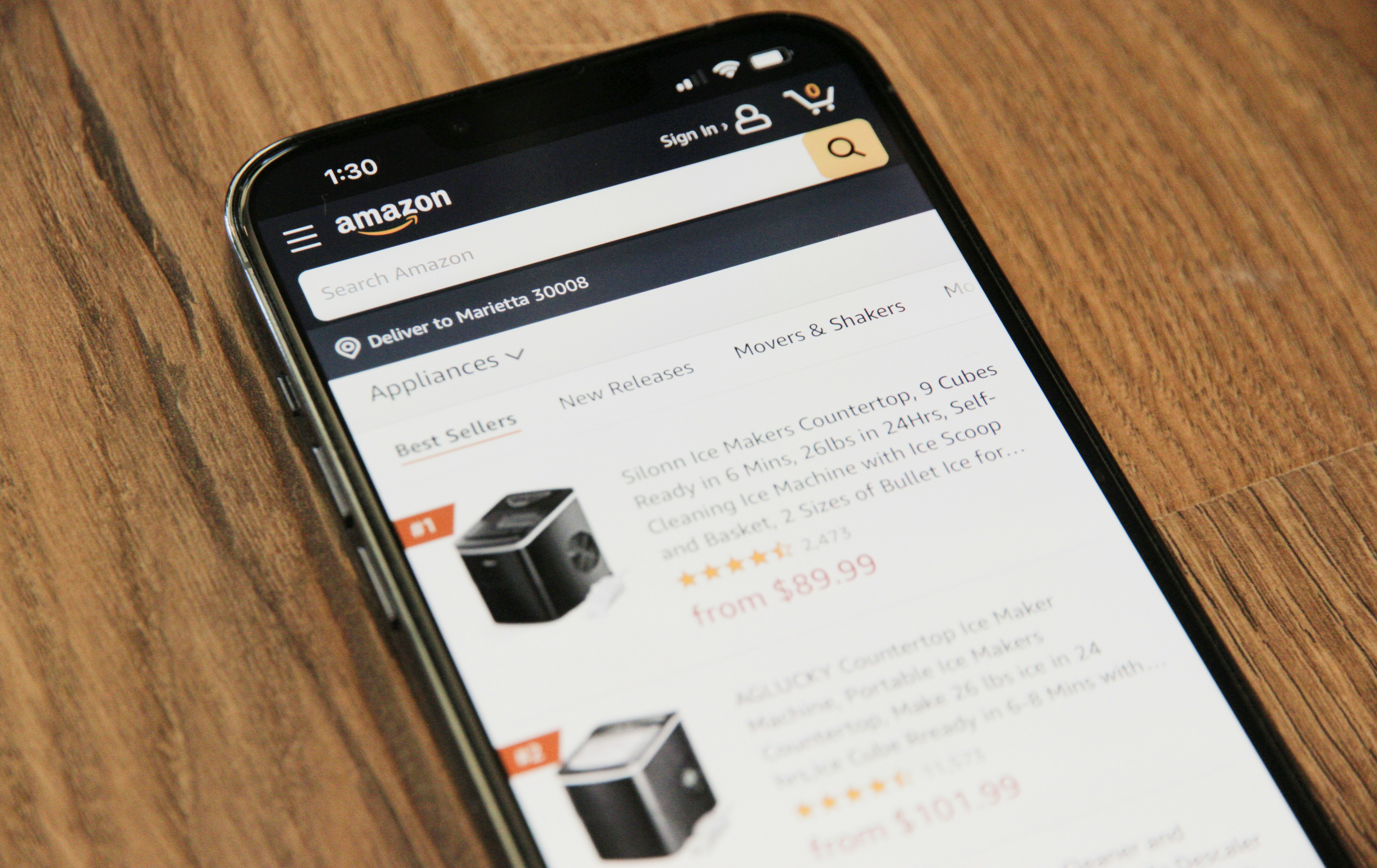 Product Example of How to Reduce ACoS Amazon Ads Cell phone showing an Amazon product on the app, representing a product of a strategy on how to reduce ACoS Amazon ads.