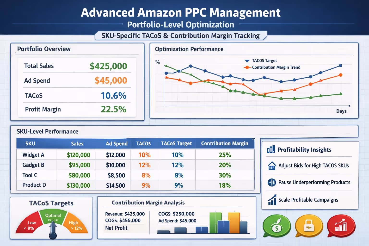 Advanced Amazon PPC management dashboard showing portfolio-level optimization with SKU-specific TACoS targets and contribution margin tracking for 7-figure sellers