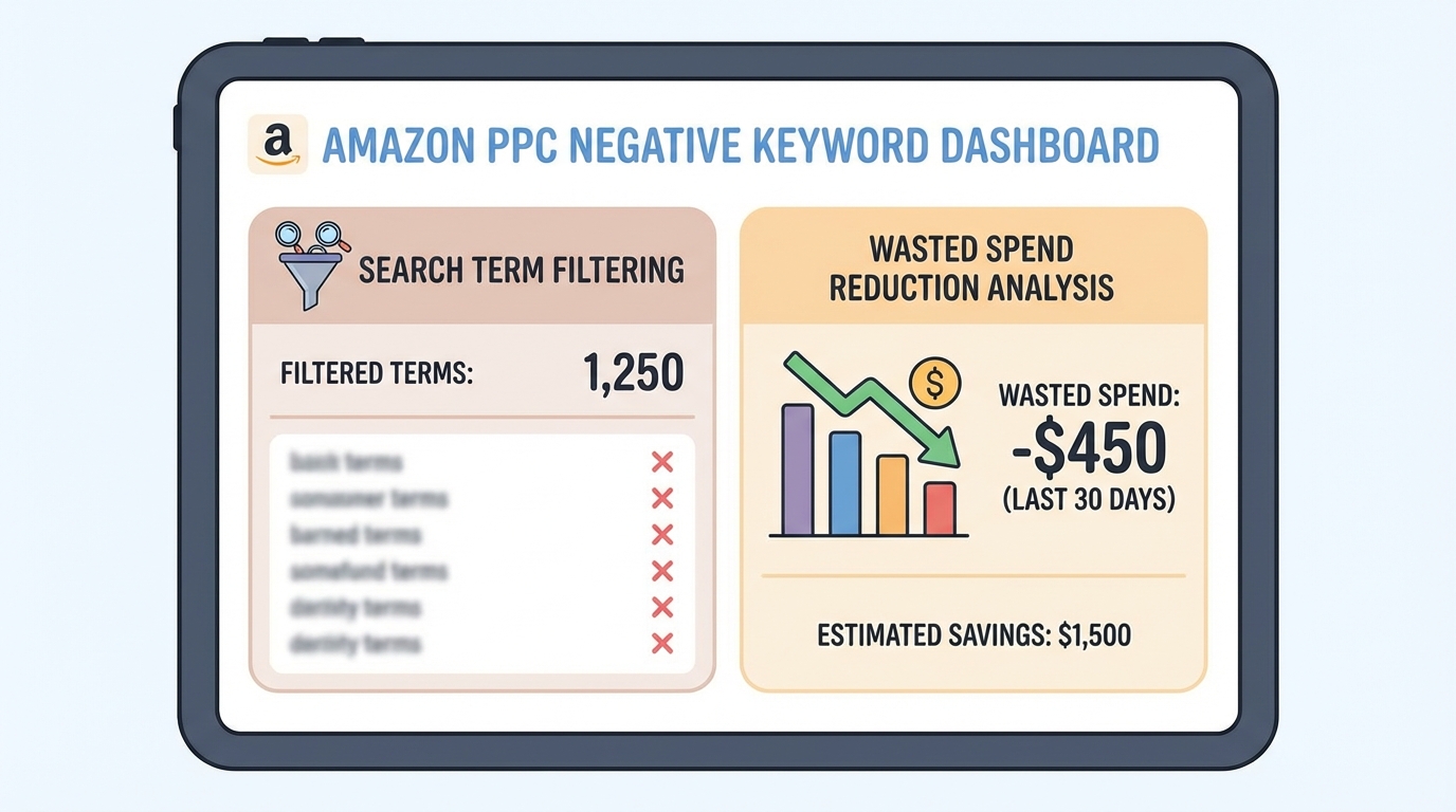 Amazon PPC Search Term Report Filtering Process for Negative Keywords Amazon PPC negative keyword management workflow showing search term report filtered by zero conversions and high spend thresholds