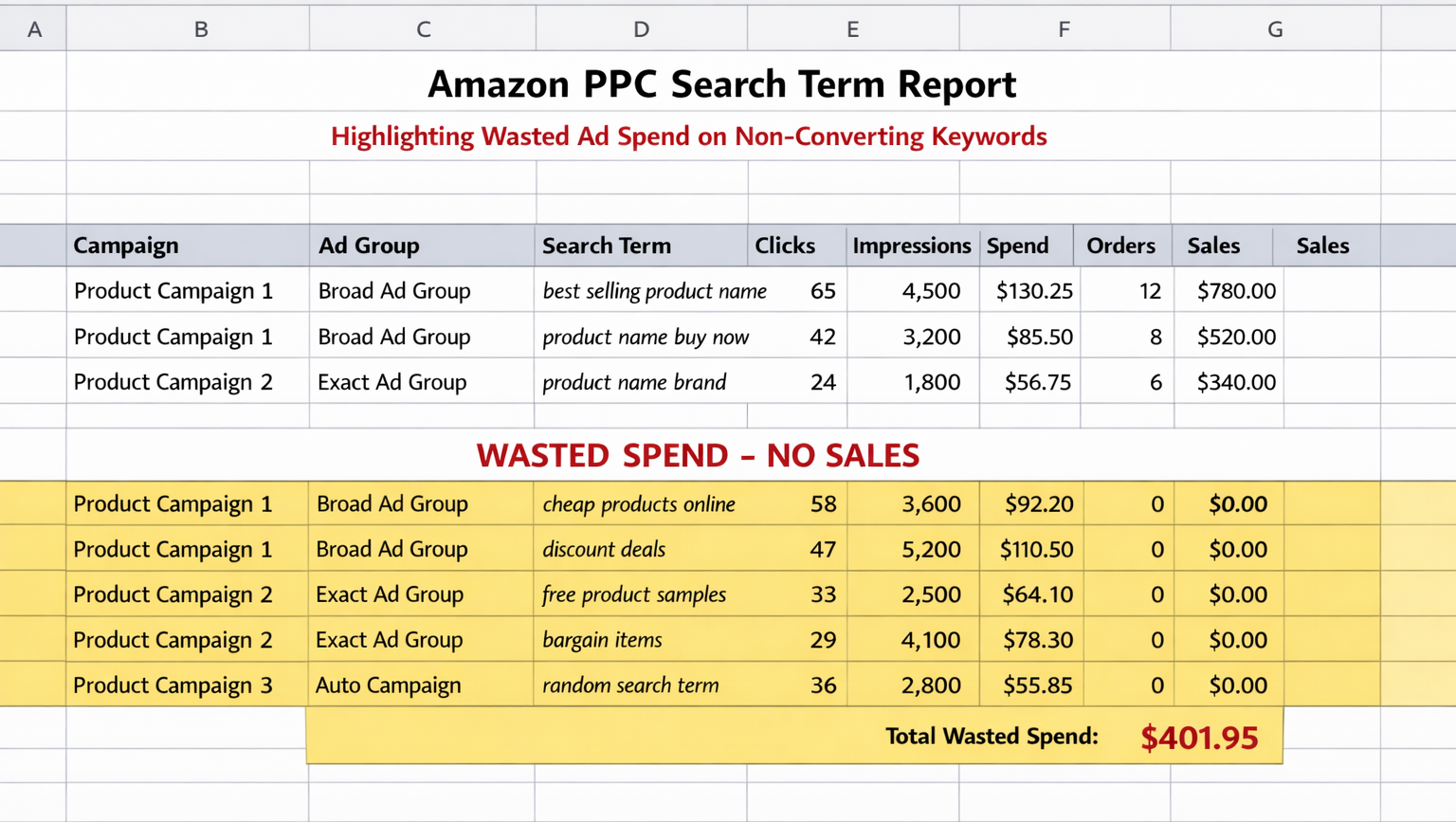 Amazon PPC Search Term Report Showing Wasted Ad Spend Analysis Amazon PPC search term report spreadsheet highlighting wasted ad spend on non-converting keywords