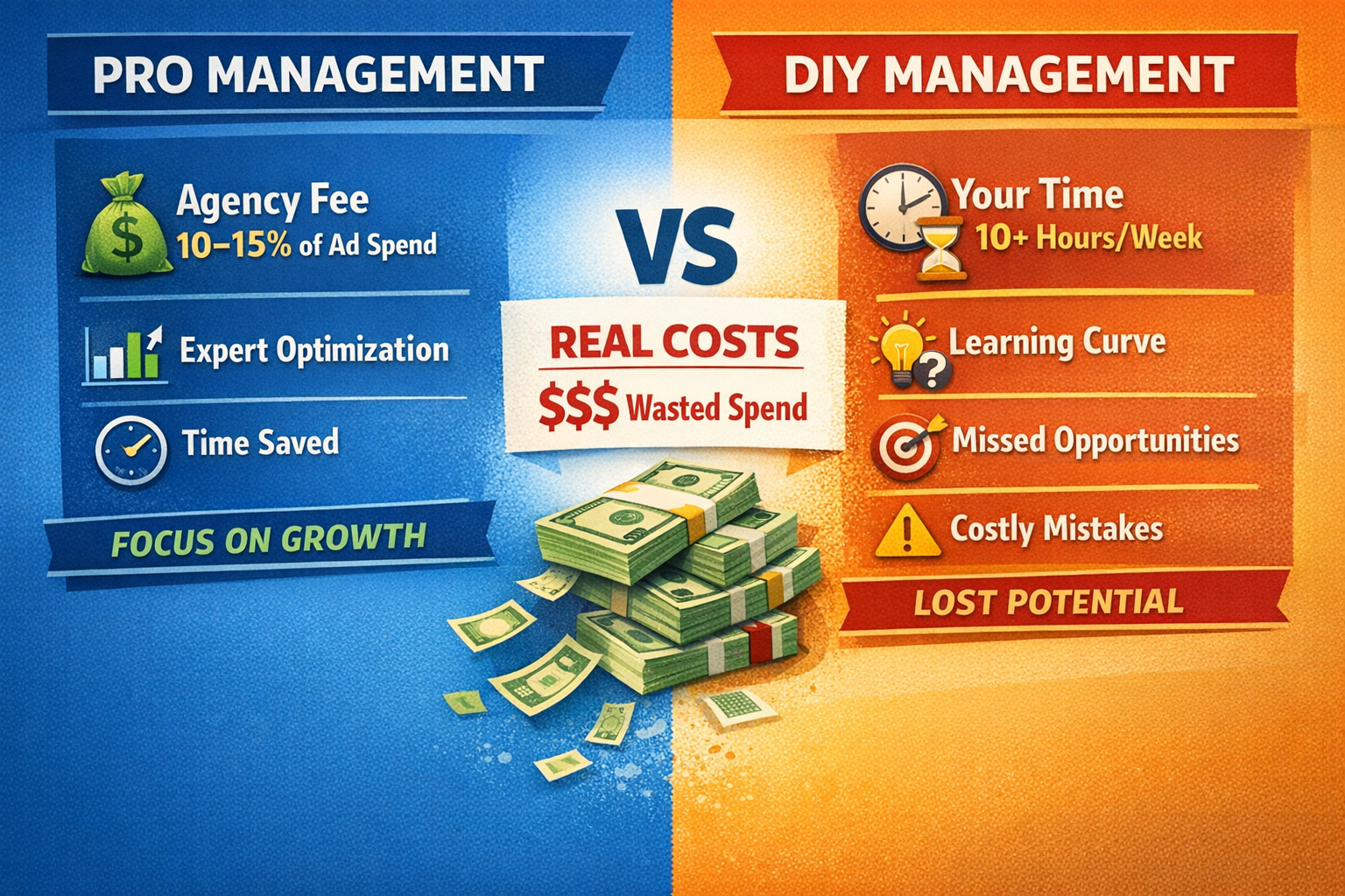 Amazon PPC Management Services Cost Comparison Chart Cost comparison chart showing Amazon PPC management services fees versus DIY time investment