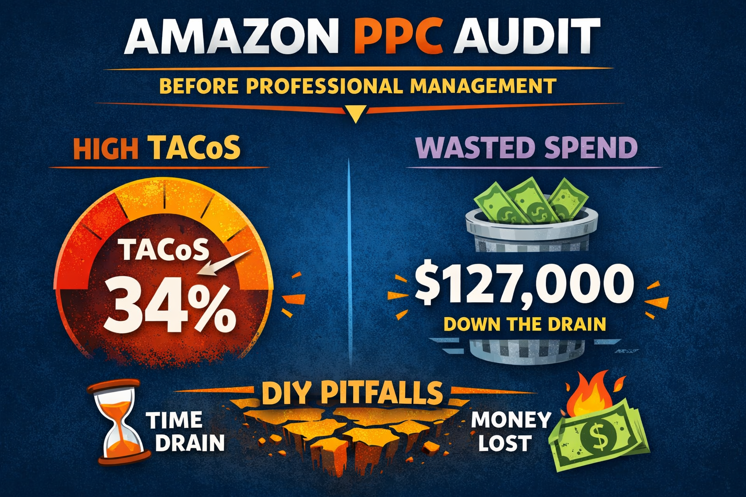 Amazon PPC TACoS and Wasted Spend Audit Results Example Amazon PPC audit showing TACoS percentage and wasted spend before professional management services