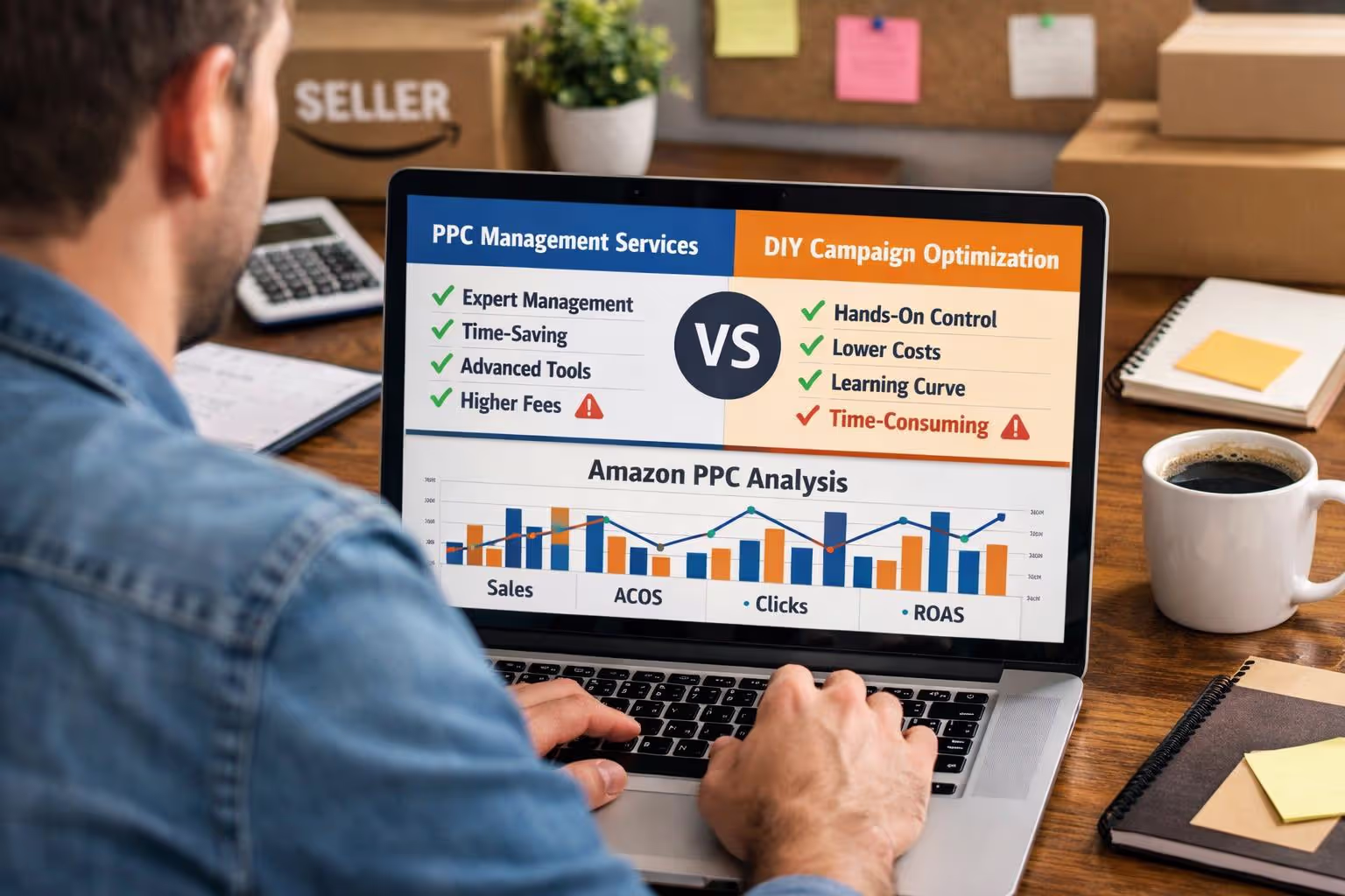 Seller analyzing amazon ppc management services versus DIY campaign optimization on laptop
