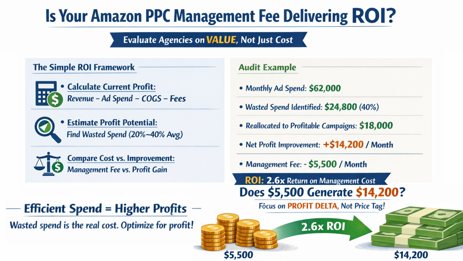 Amazon PPC Management Fee ROI Calculation Framework ROI calculation framework showing how to evaluate Amazon PPC campaign management pricing value