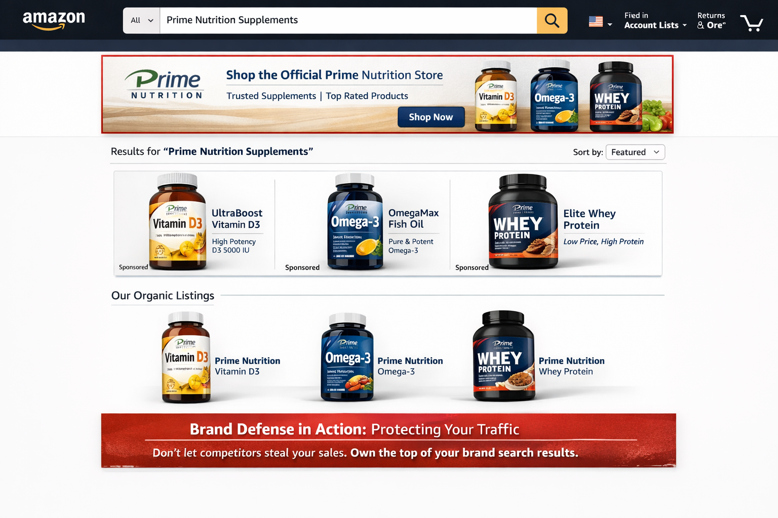 Sponsored Brands Campaign for Brand Defense Top-of-Search Control Amazon search results showing Sponsored Brands banner placement above all organic results for brand defense