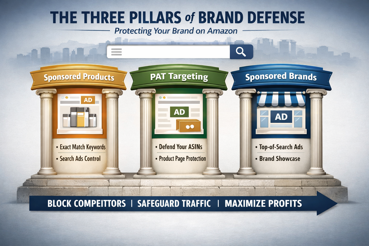 Three Pillars of Brand Defense Campaigns for Amazon Sellers Diagram showing three pillars of brand defense campaigns including Sponsored Products, PAT targeting, and Sponsored Brands