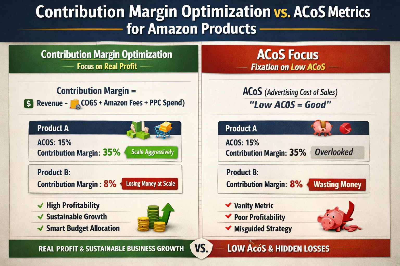 ACoS vs Contribution Margin Comparison Chart Comparison chart showing contribution margin optimization versus ACoS metrics for Amazon products