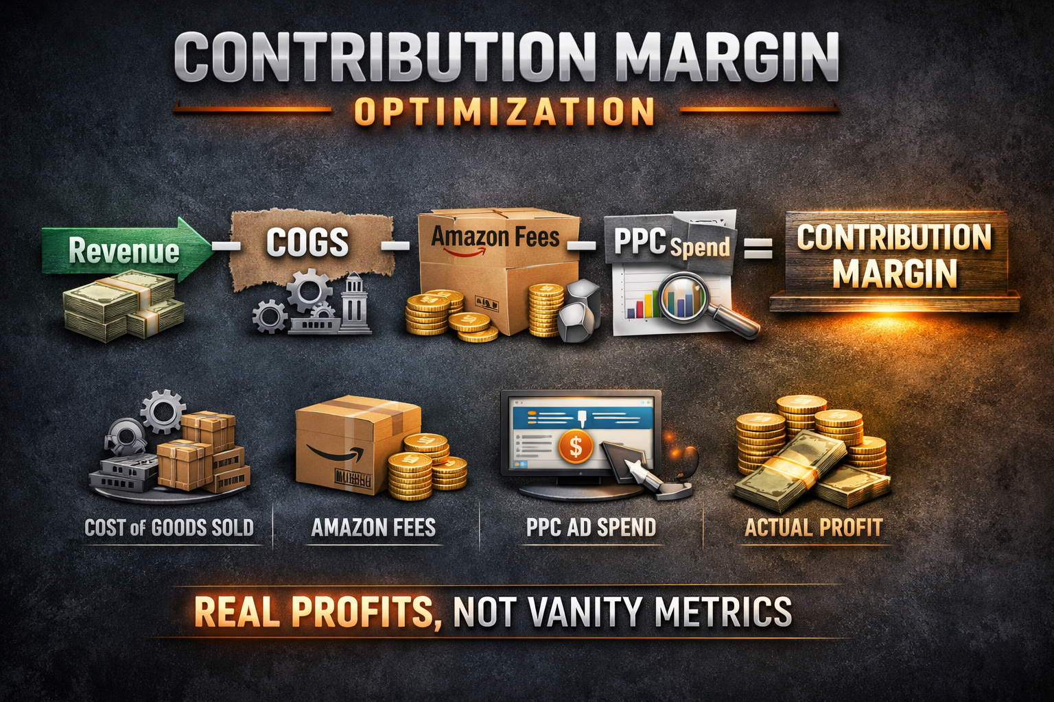 Contribution Margin Calculation Formula for Amazon Sellers Contribution margin optimization formula showing revenue minus COGS, Amazon fees, and PPC spend