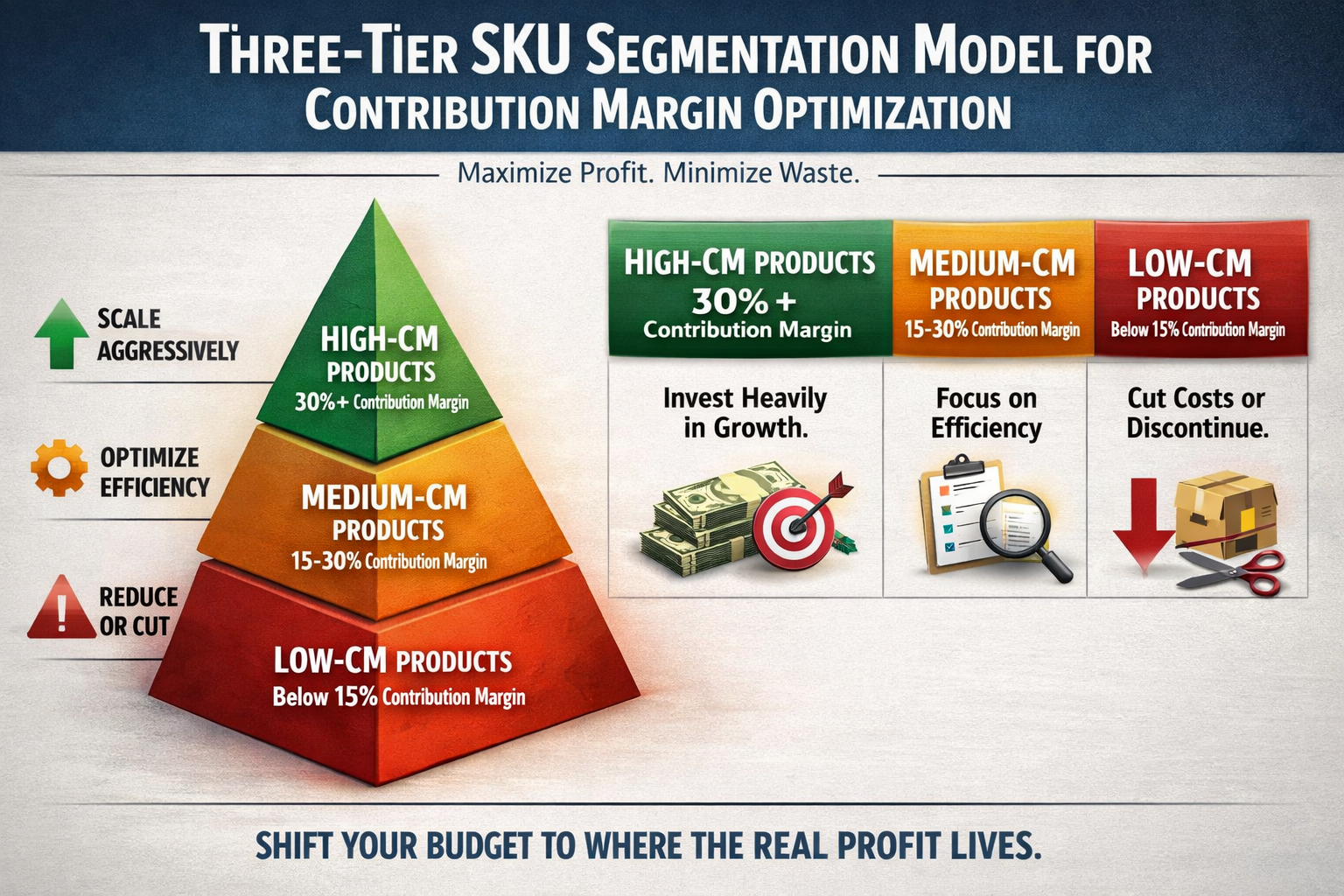 SKU Segmentation by Contribution Margin Tiers Three-tier SKU segmentation model for contribution margin optimization showing high, medium, and low CM products