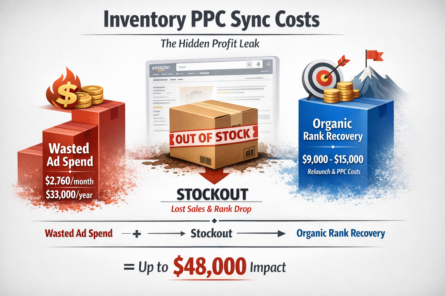 Chart showing inventory PPC sync costs including wasted ad spend and organic rank recovery expenses