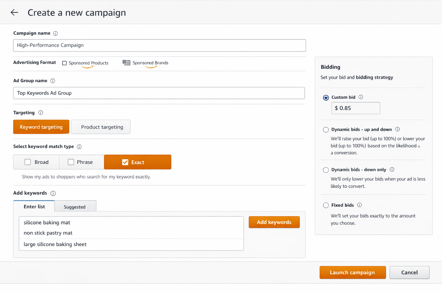 Creating Exact Match Campaigns for Isolated Search Terms Amazon campaign creator interface with exact match keyword targeting selected for search term isolation performance campaigns