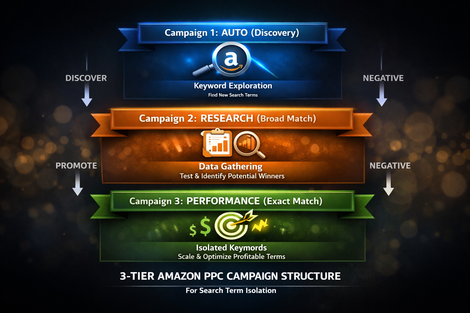 Amazon PPC 3-Campaign Framework for Search Term Isolation Three-tier Amazon PPC campaign structure showing auto discovery, research broad match, and performance exact match campaigns for search term isolation