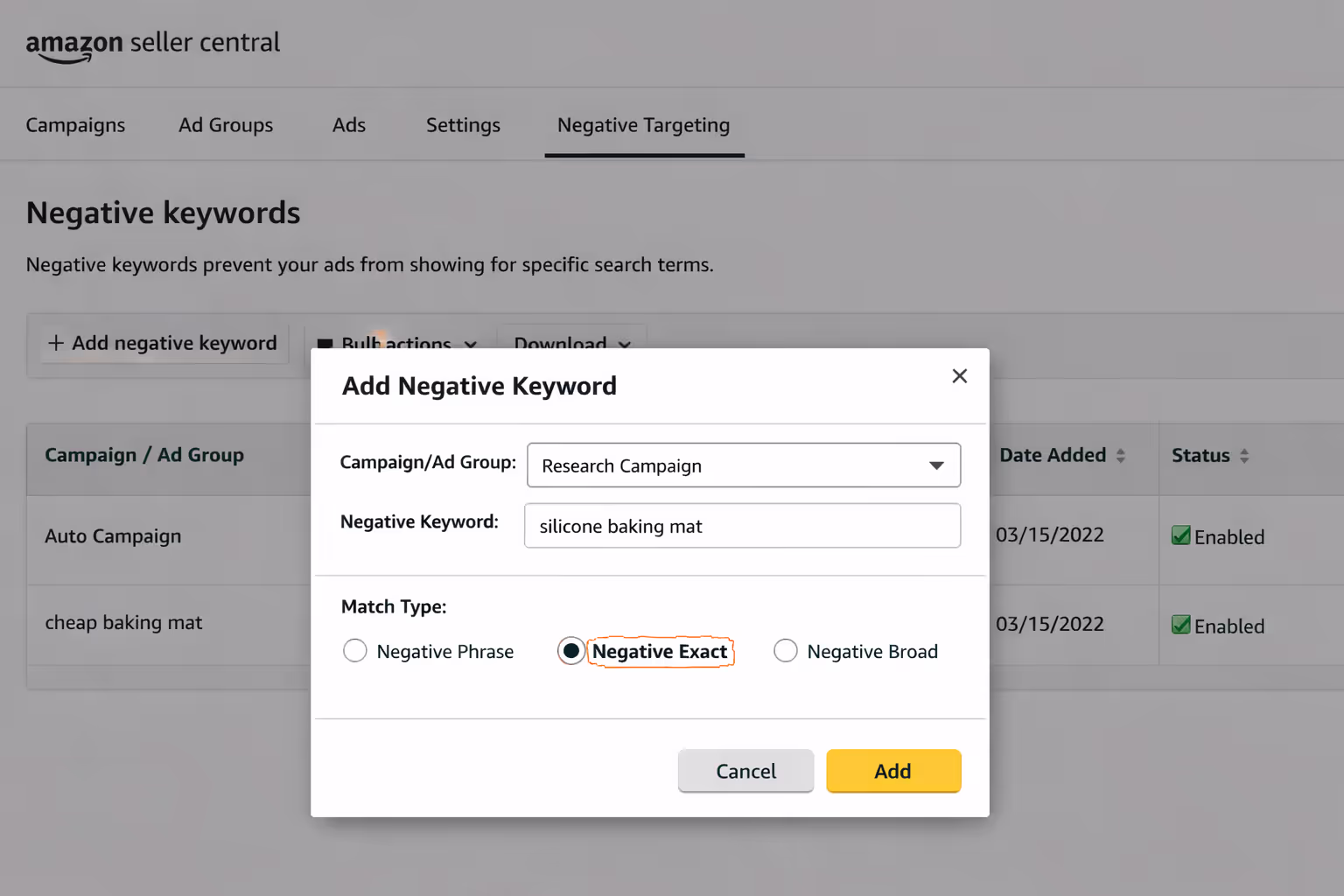 Adding Negative Exact Match Keywords in Amazon Seller Central Amazon Seller Central negative keyword interface showing exact match selection for search term isolation strategy