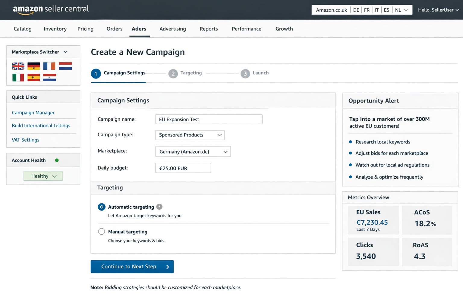 International Amazon PPC Setup with Unified European Account Dashboard Amazon Seller Central Unified European Account dashboard showing international PPC campaign setup