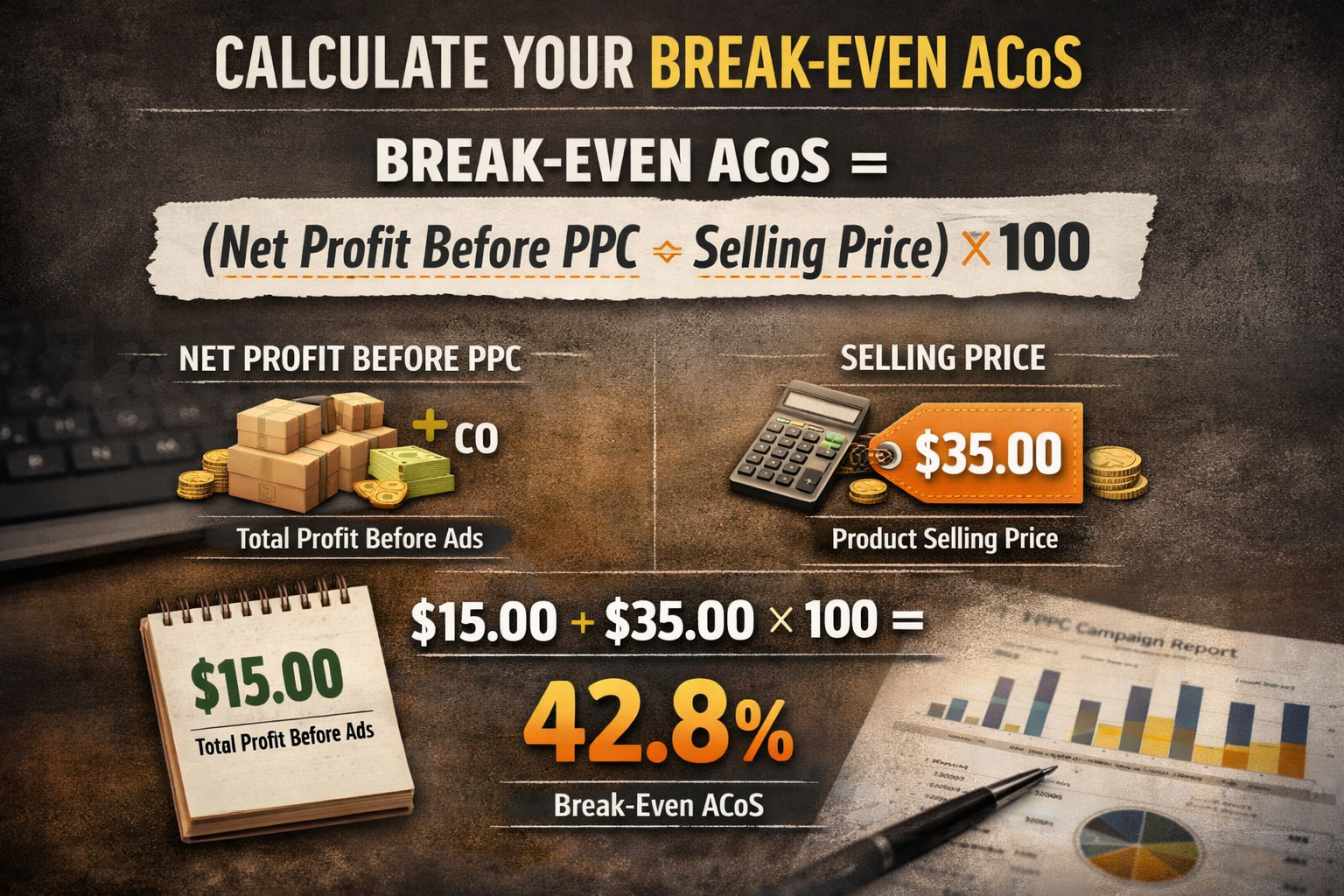 Break-even ACoS formula calculation showing net profit before PPC divided by selling price for unit economics