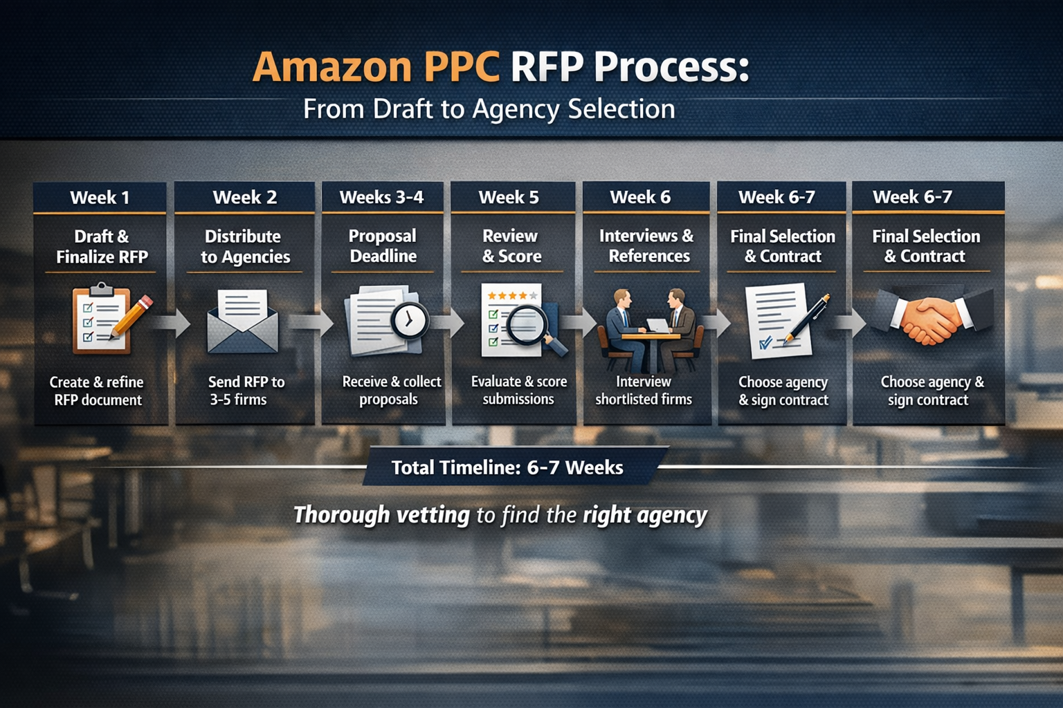Six-Week Amazon PPC RFP Process Timeline for Agency Selection Timeline showing six-week Amazon PPC RFP process from draft to agency selection and contracting