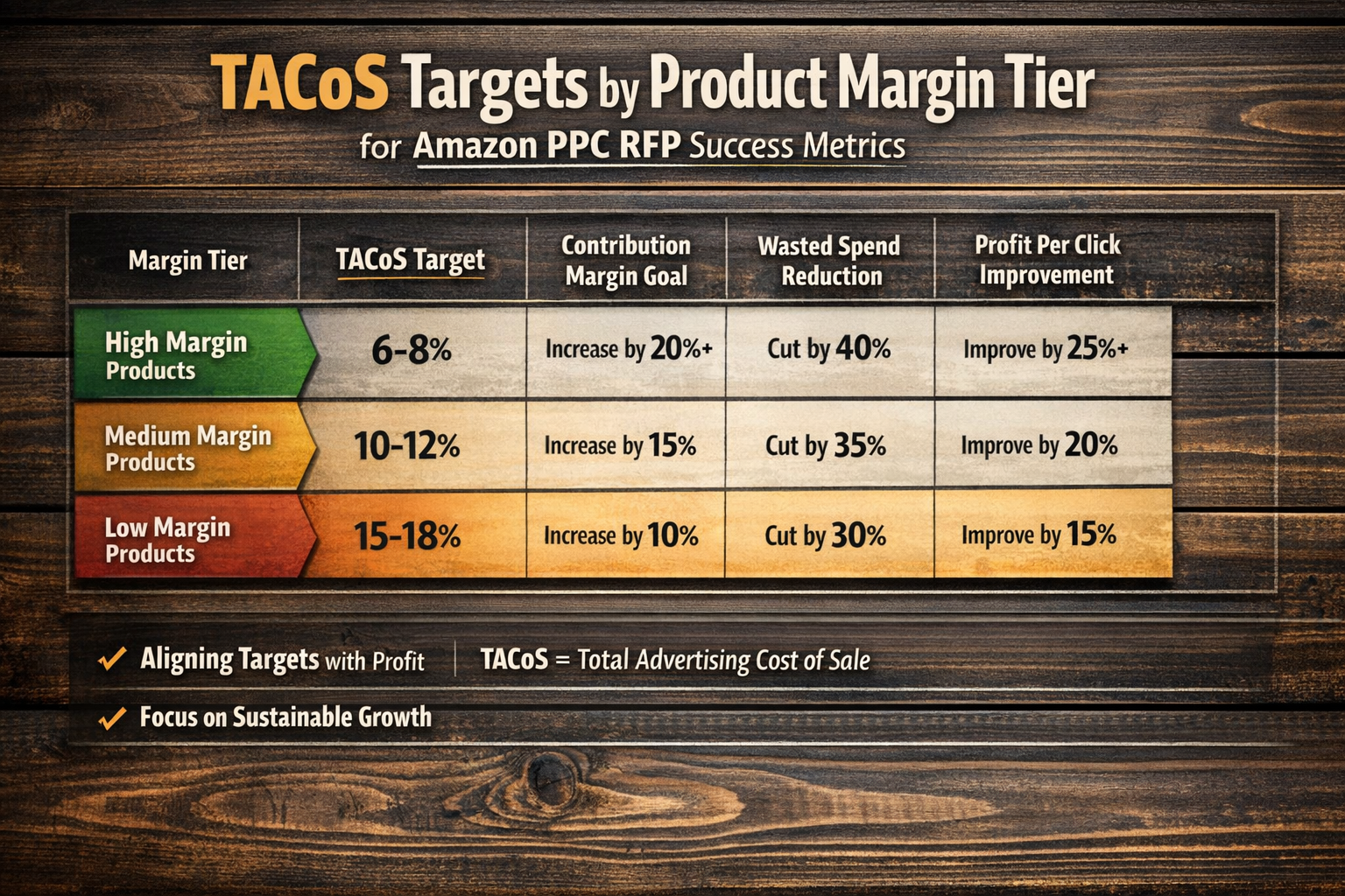 TACoS by Product Margin Tier Calculation for Amazon PPC RFP Table showing TACoS targets calculated by product margin tier for Amazon PPC RFP success metrics