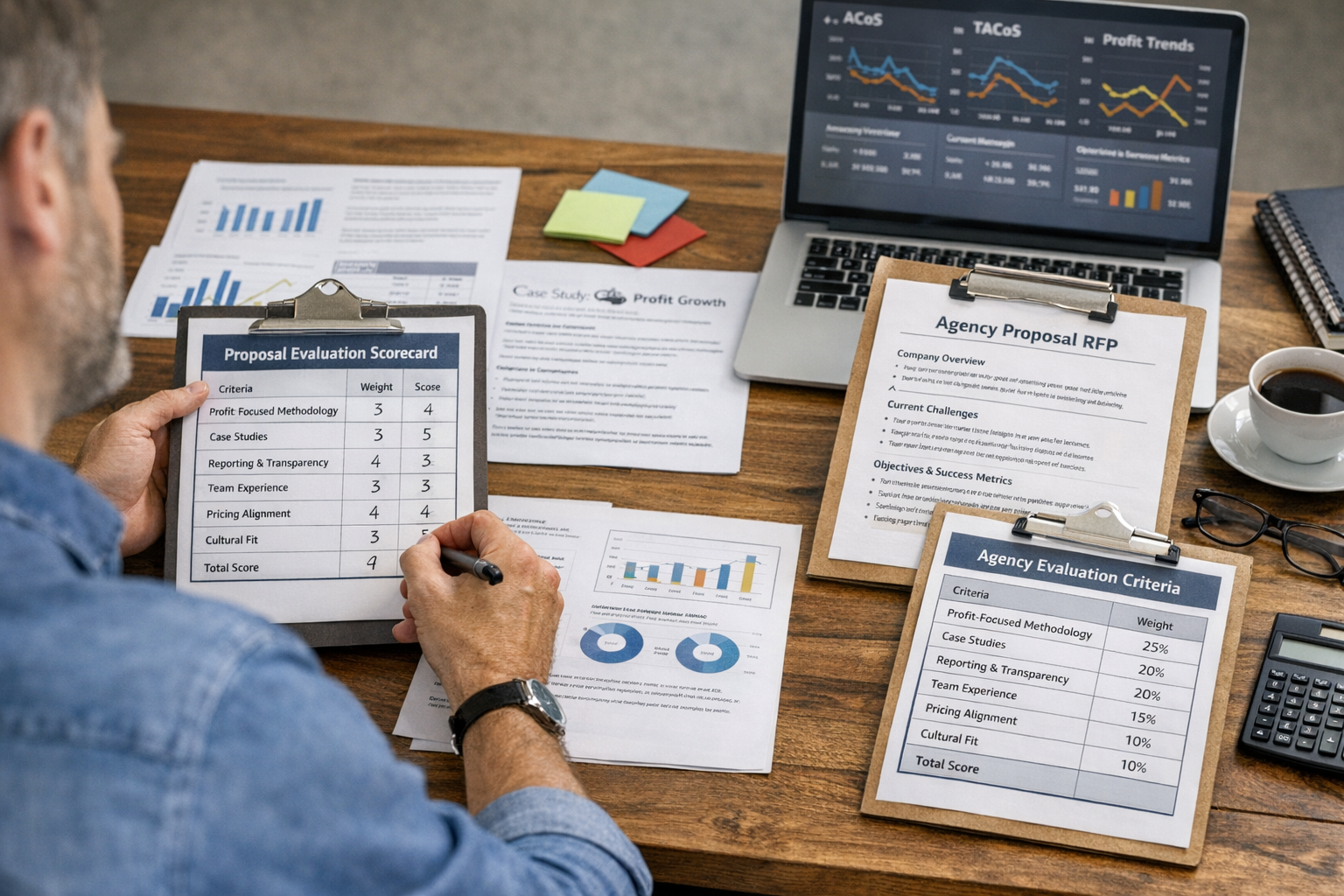 Amazon seller reviewing Amazon PPC RFP proposals with profit metrics and agency evaluation criteria