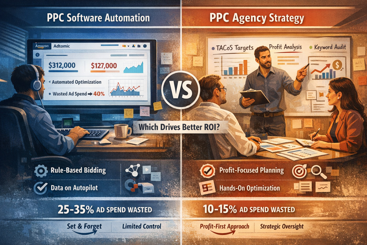 Amazon PPC management comparison showing software dashboard vs agency strategy meeting for better ROI