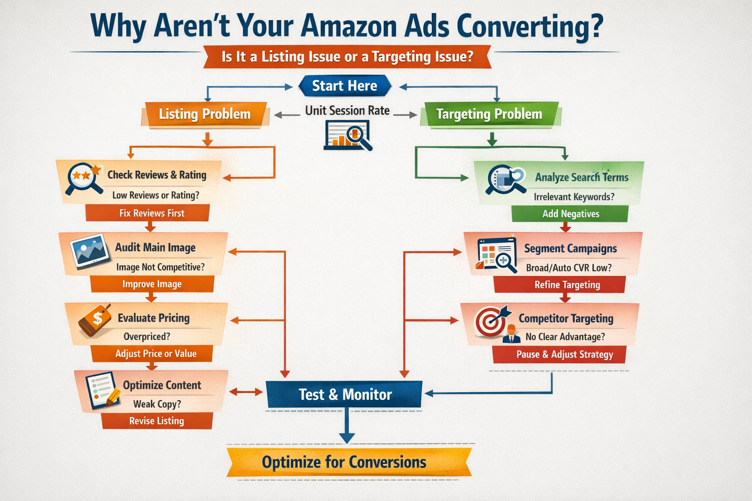 Amazon Ads Conversion Rate Diagnostic Flowchart Step-by-step flowchart showing how to diagnose whether amazon ads aren't converting due to listing or targeting issues