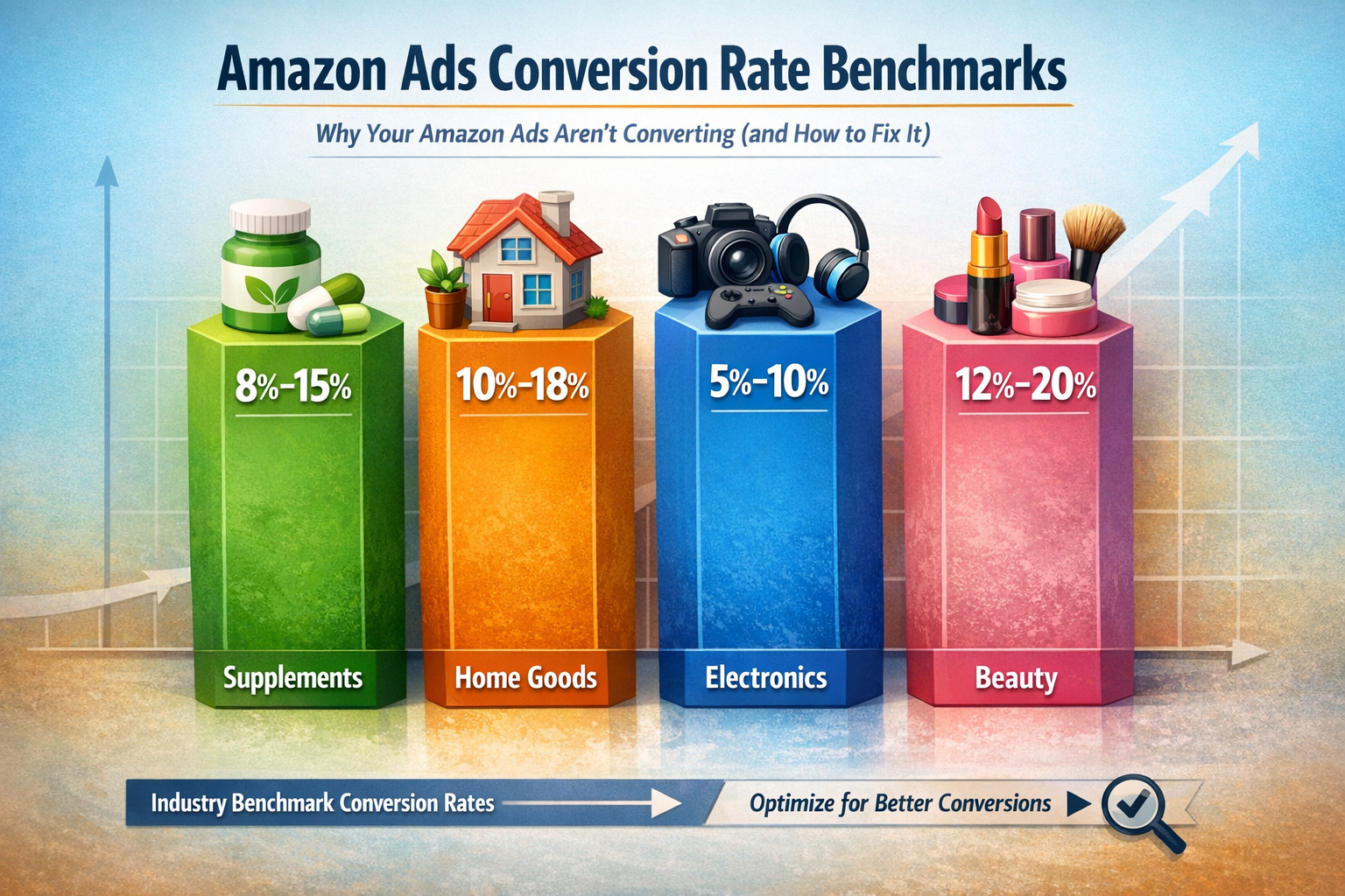 Amazon PPC Conversion Rate Benchmarks by Category Chart showing amazon ads conversion rate benchmarks across supplements, home goods, electronics, and beauty categories