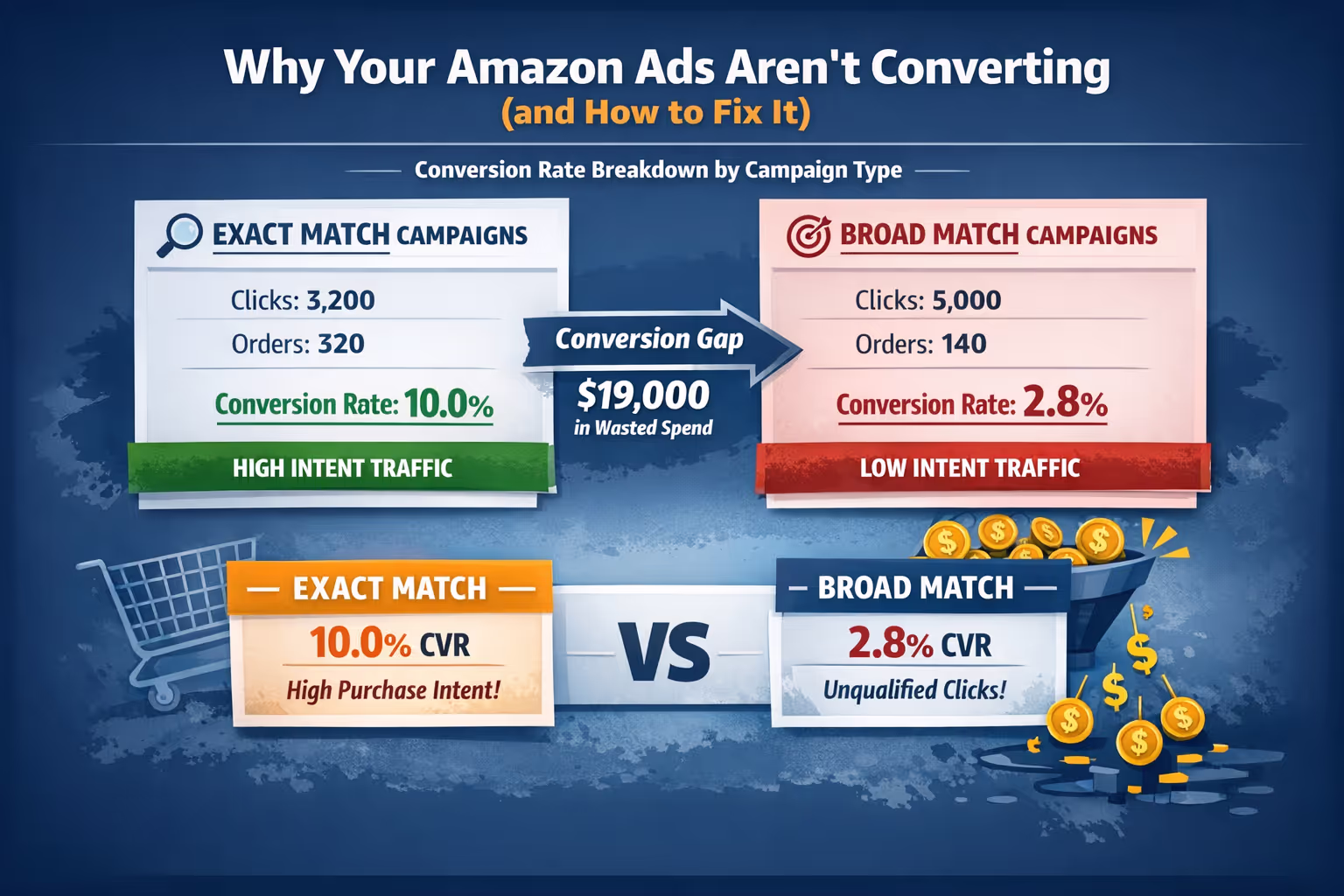 Amazon Search Term Report Conversion Analysis Example of Amazon search term report highlighting conversion rate differences between exact match and broad match campaigns for amazon ads.