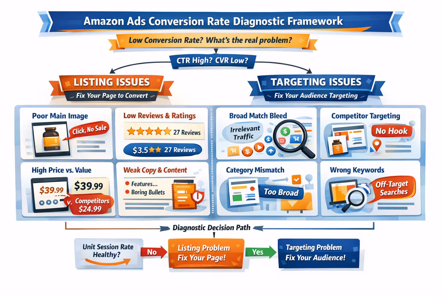 Amazon ads not converting diagnostic framework showing the difference between listing and targeting problems