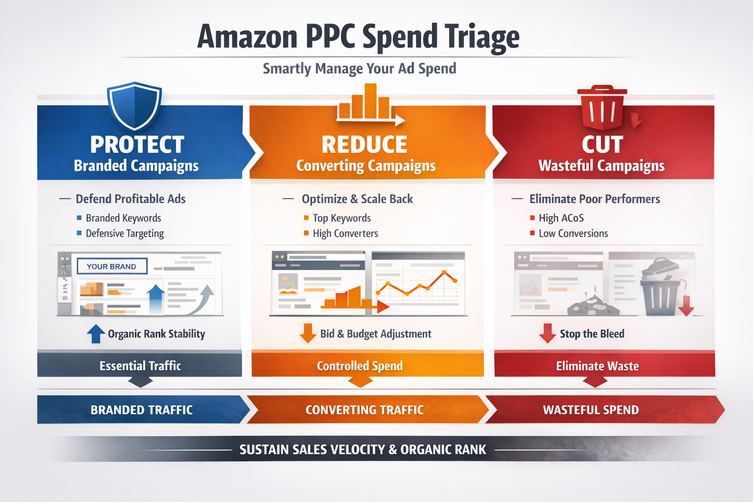 Three-tier framework for reducing Amazon PPC spend without pausing campaigns Visual framework showing how to triage Amazon PPC spend across branded, converting, and wasteful campaigns